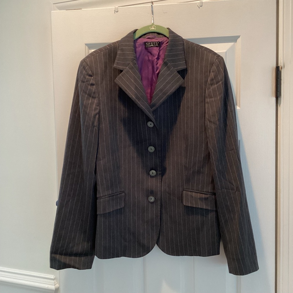 ISAIA Napoli Gray Pinstripe Blazer Purple Lining Size 12